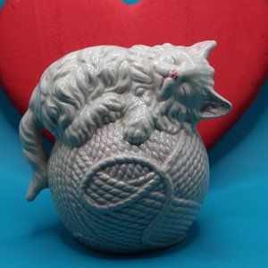 Vintage Kitty Bank with White cat on a light blue yarn ball Signed Preowned
